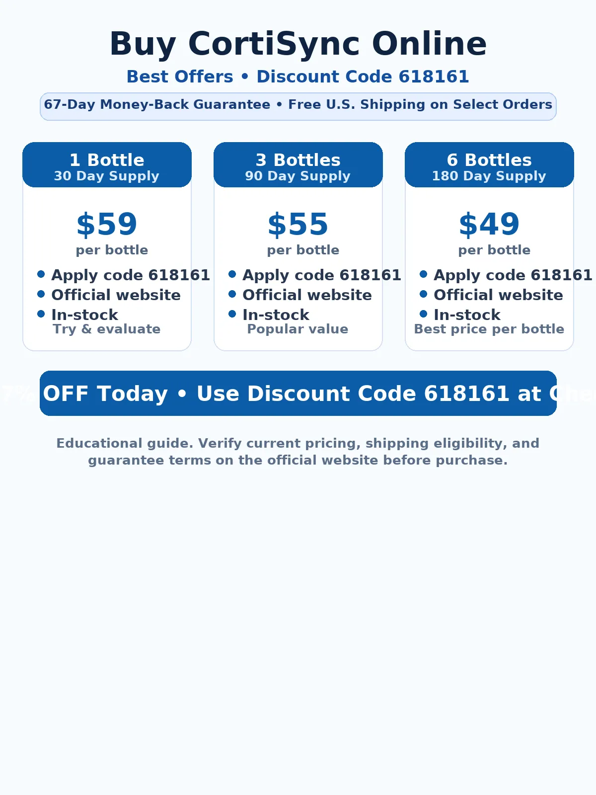 CortiSync discount infographic – 1, 3, and 6 bottle deals with code 618161 and 67-day guarantee