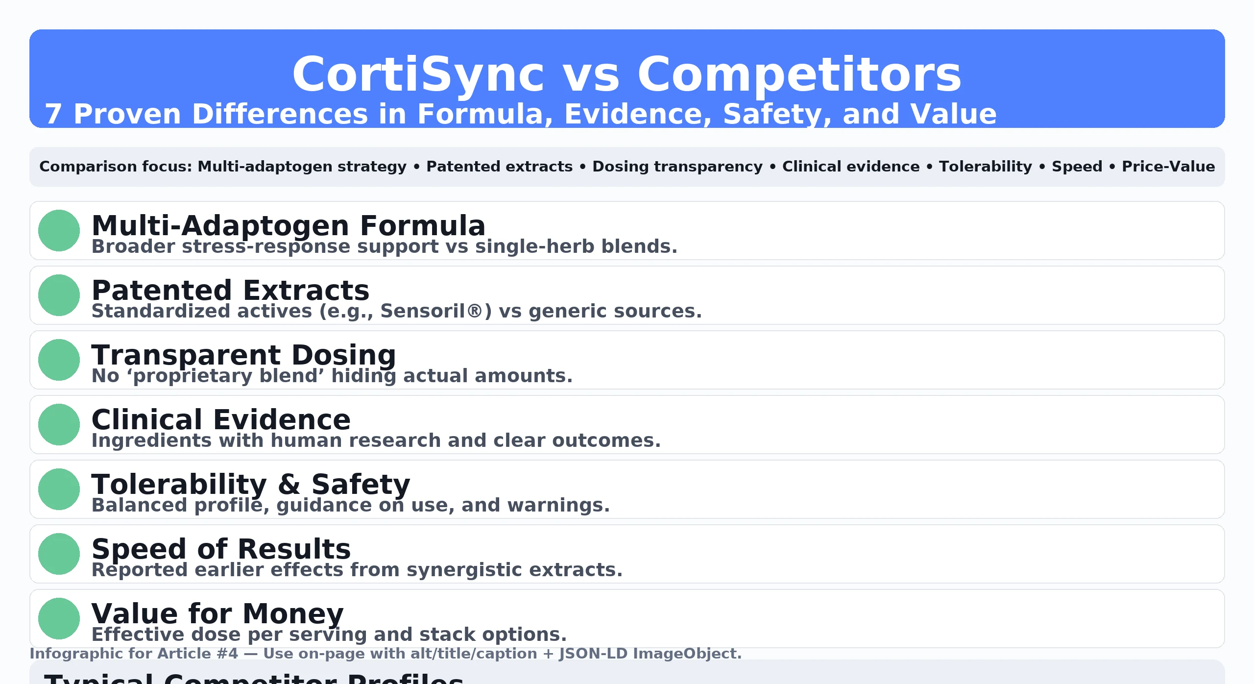 CortiSync vs competitors infographic highlighting Sensoril® ashwagandha, Rhodiola, L‑Theanine, Holy Basil, Magnolia, Lemon Balm