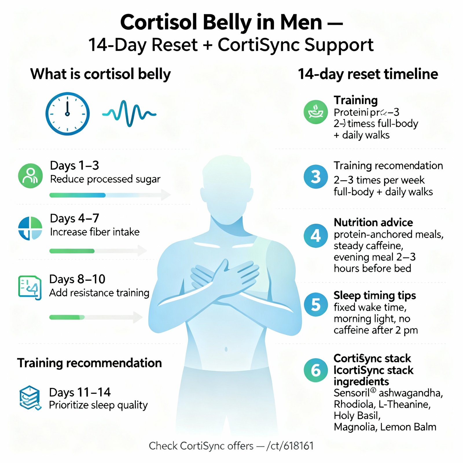 Infographic — cortisol belly in men plan: stress, sleep, nutrition, movement, adaptogens