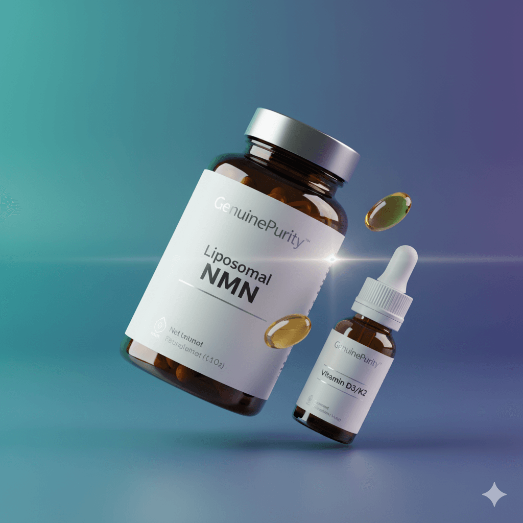 nmn vitamin d3 k2 stack — clean flat-lay with branded bottles