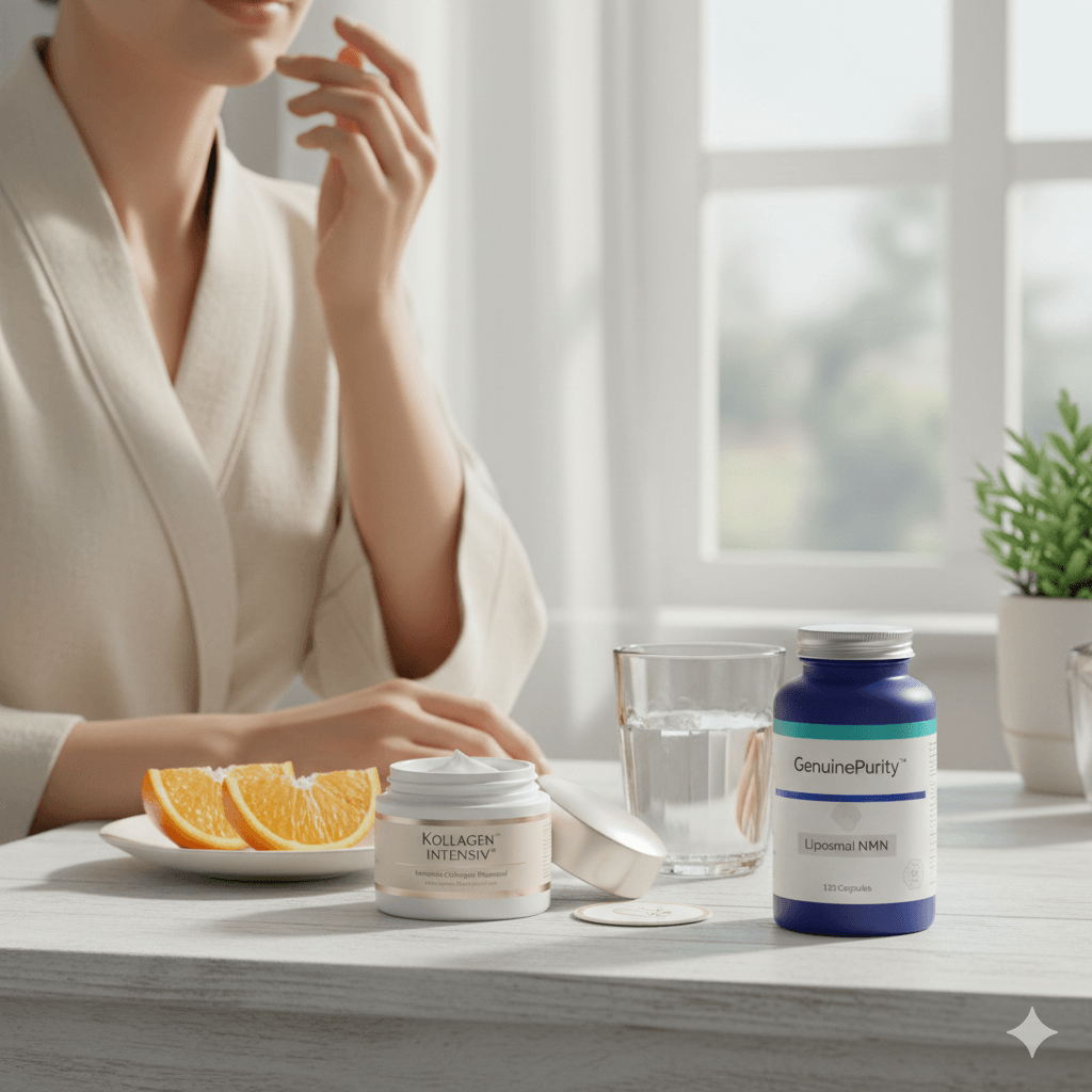 NMN and collagen routine featured image showing capsules and peptides