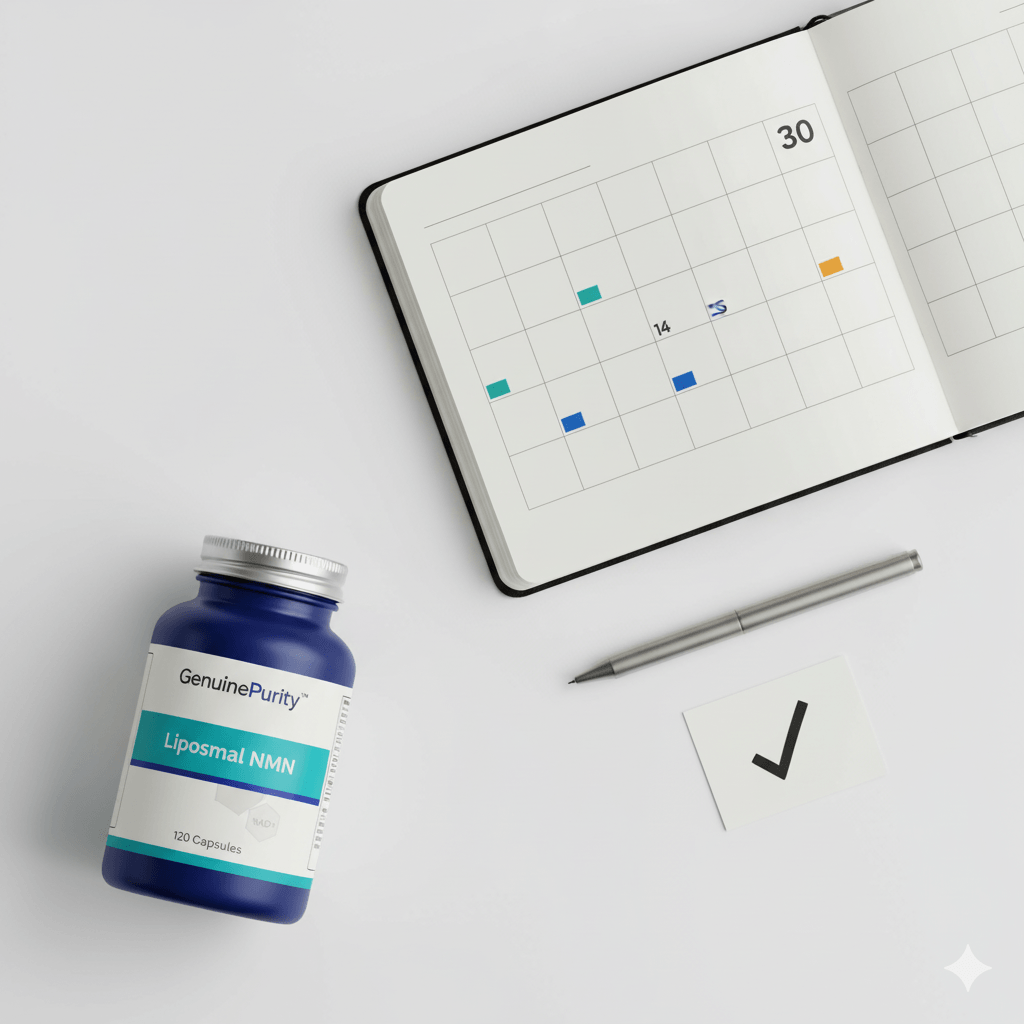 A visual guide for an nmn 30 day plan, showing a calendar and supplement bottle.