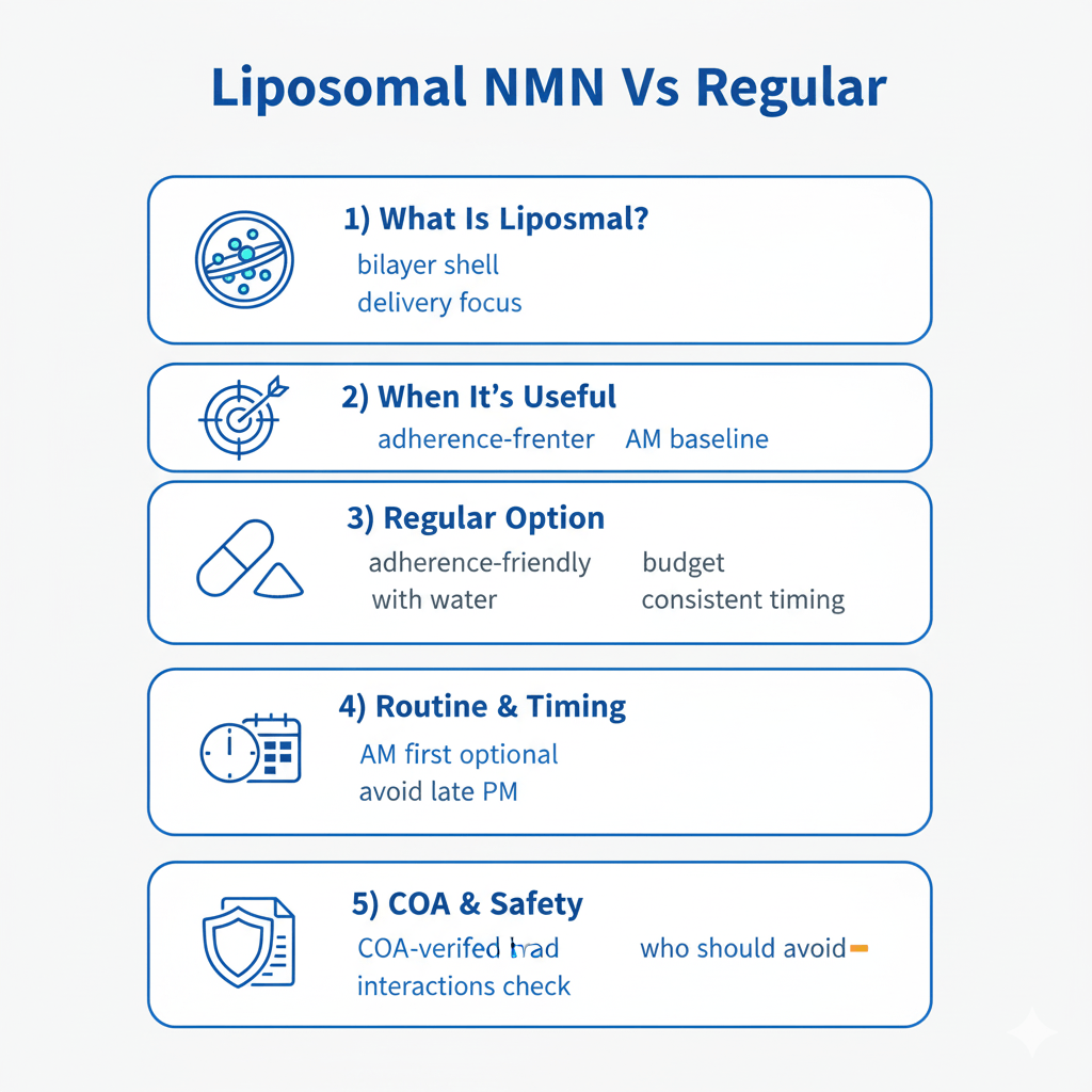 Infographic comparing liposomal nmn vs regular nmn on absorption, stability, and cellular uptake.