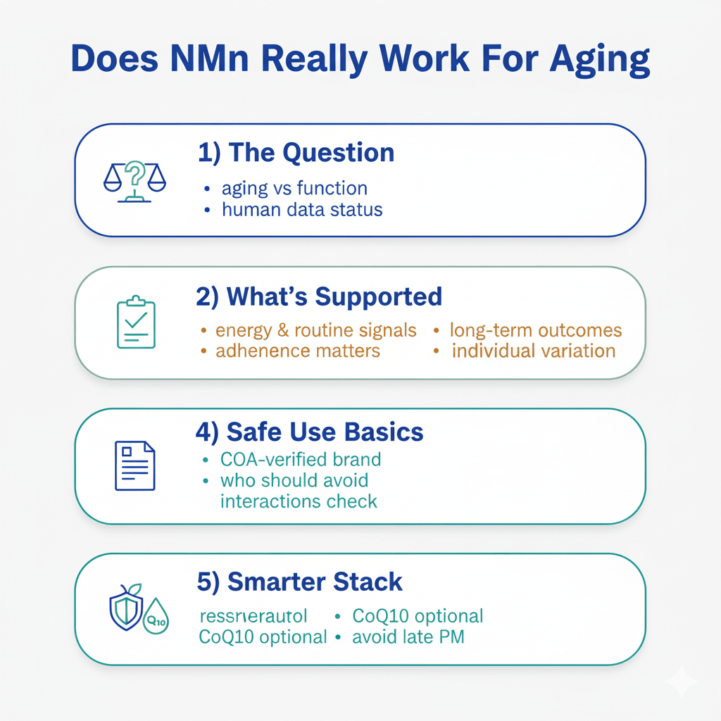 Infographic answering 'does nmn really work for aging' with key clinical findings.