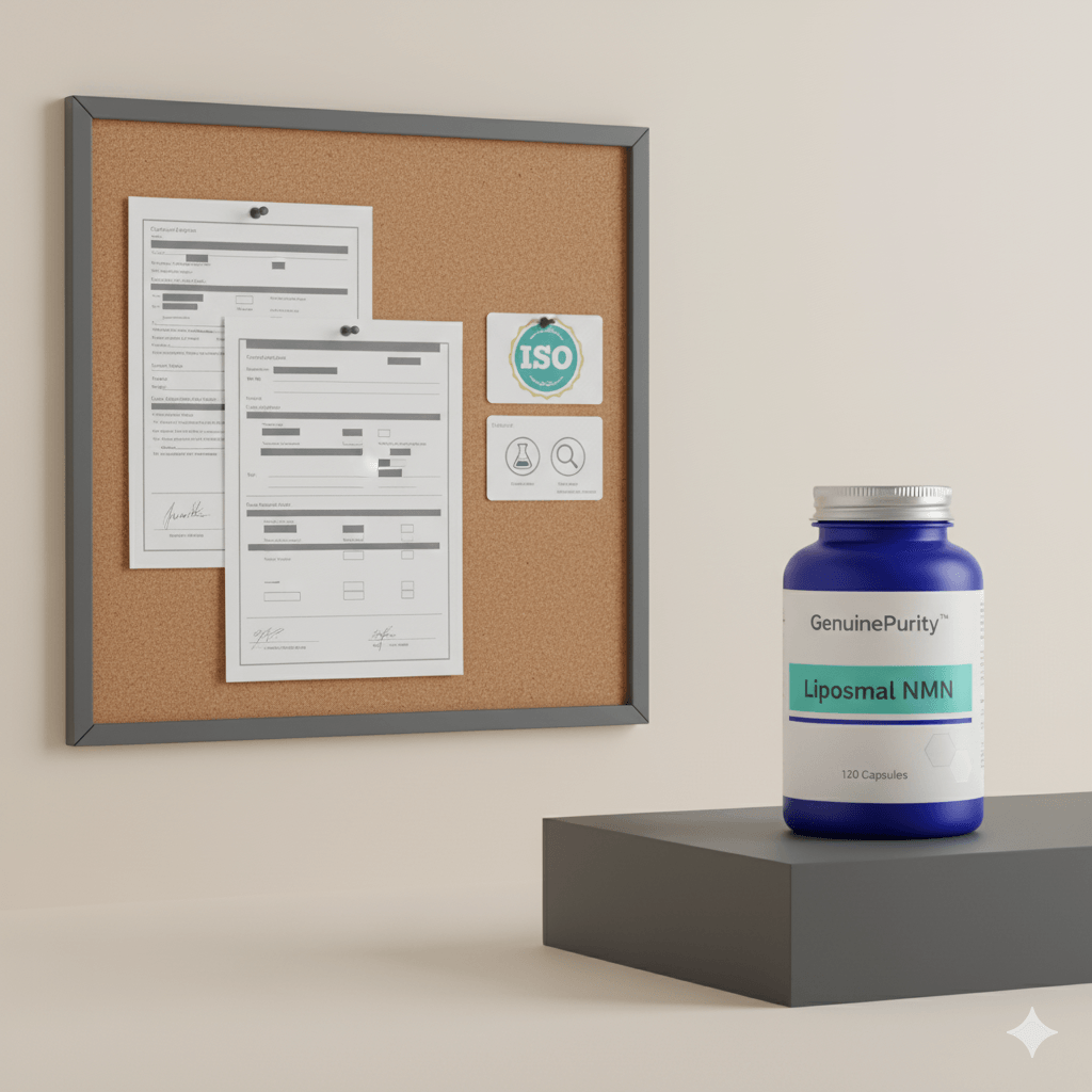 GenuinePurity NMN review hero setup with lab reports and liposomal capsules
