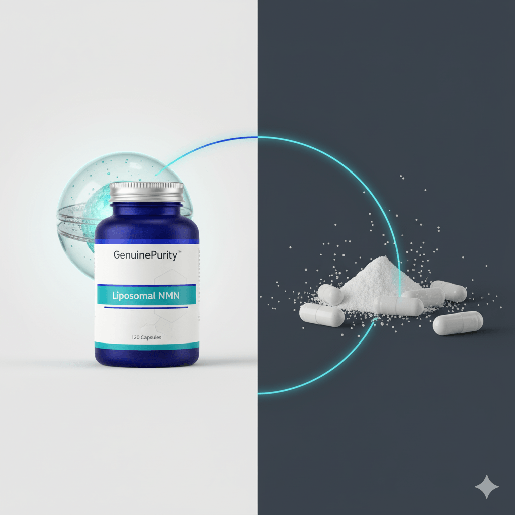 A visual comparison of liposomal nmn vs regular nmn, showing the protective lipid layer.