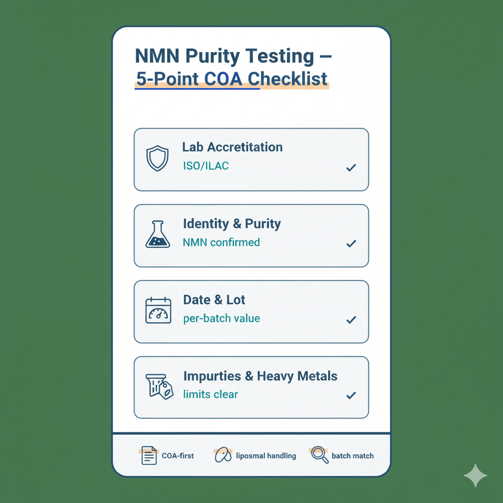 Infographic mapping NMN purity testing checkpoints across a Certificate of Analysis